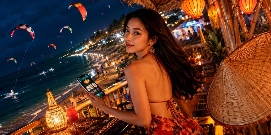 Người dùng abet đặt cược trực tuyến tại Mũi Né với hình ảnh nón lá và bãi biển
